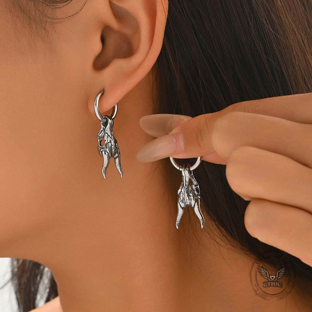 Punk Ram Horn Skull Stainless Steel Hoop Earrings | Gthic.com