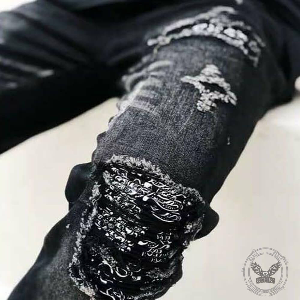 Punk Raw-Edge Distressed Patch Slim-Fit Jeans