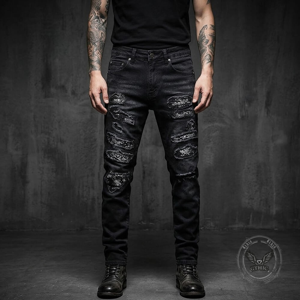 Punk Raw-Edge Distressed Patch Slim-Fit Jeans | Gthic.com