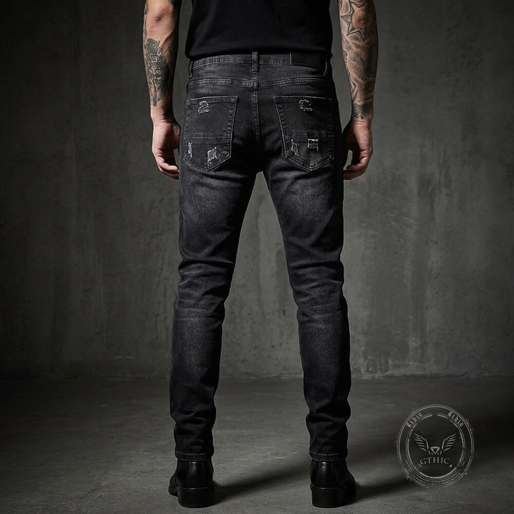 Punk Raw-Edge Distressed Patch Slim-Fit Jeans | Gthic.com