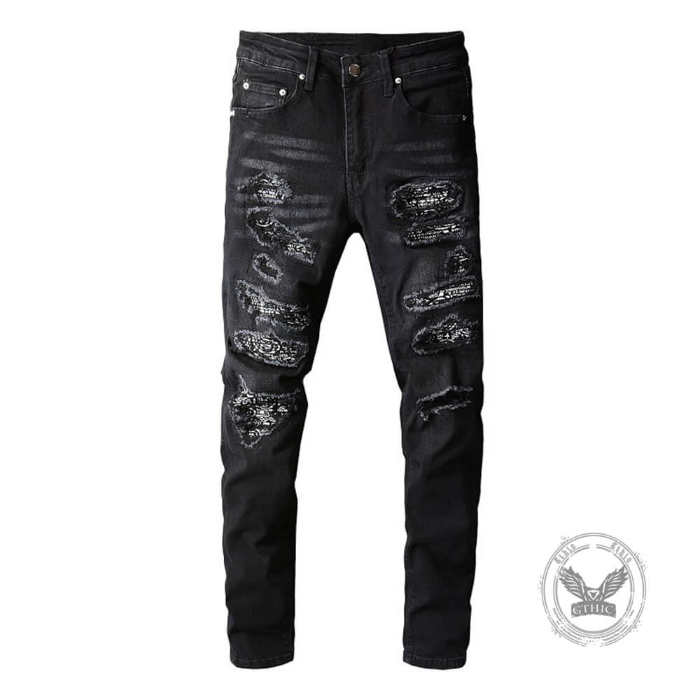 Punk Raw-Edge Distressed Patch Slim-Fit Jeans