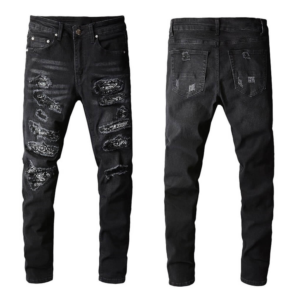 Punk Raw-Edge Distressed Patch Slim-Fit Jeans | Gthic.com