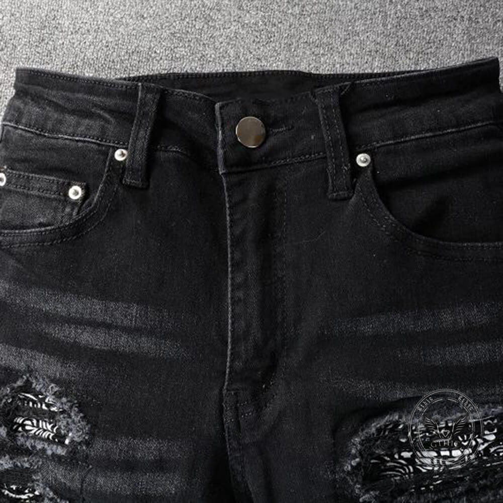 Punk Raw-Edge Distressed Patch Slim-Fit Jeans