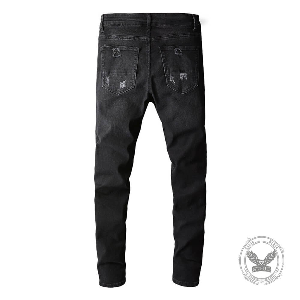 Punk Raw-Edge Distressed Patch Slim-Fit Jeans