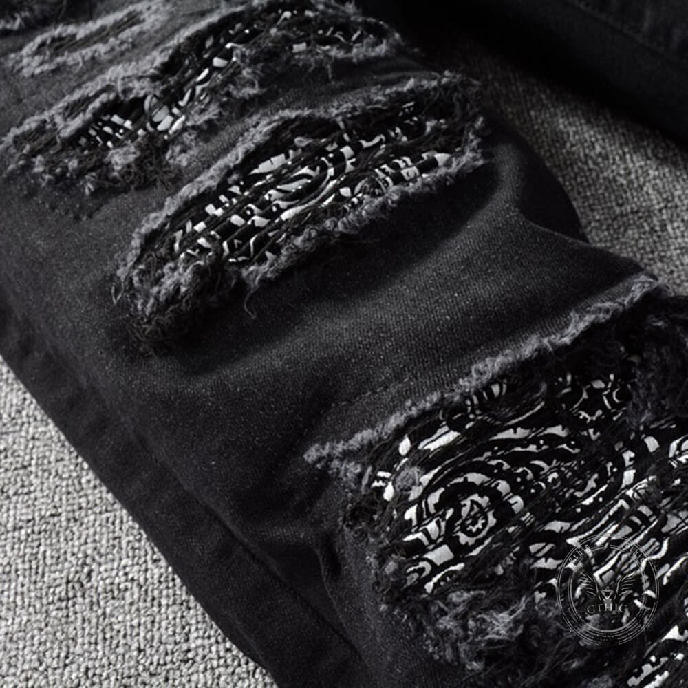 Punk Raw-Edge Distressed Patch Slim-Fit Jeans