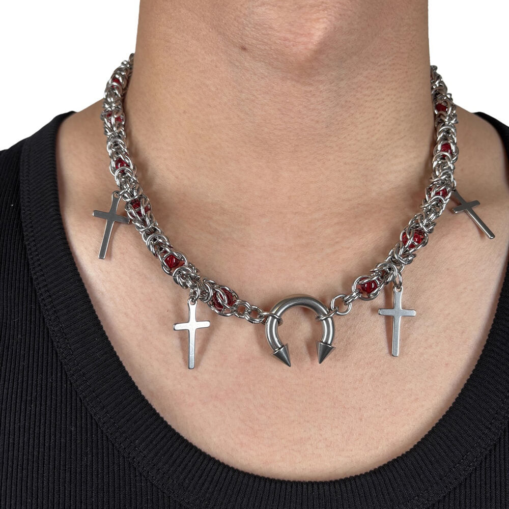 Punk Red Bead Horseshoe Rivet Cross Stainless Steel Necklace – GTHIC