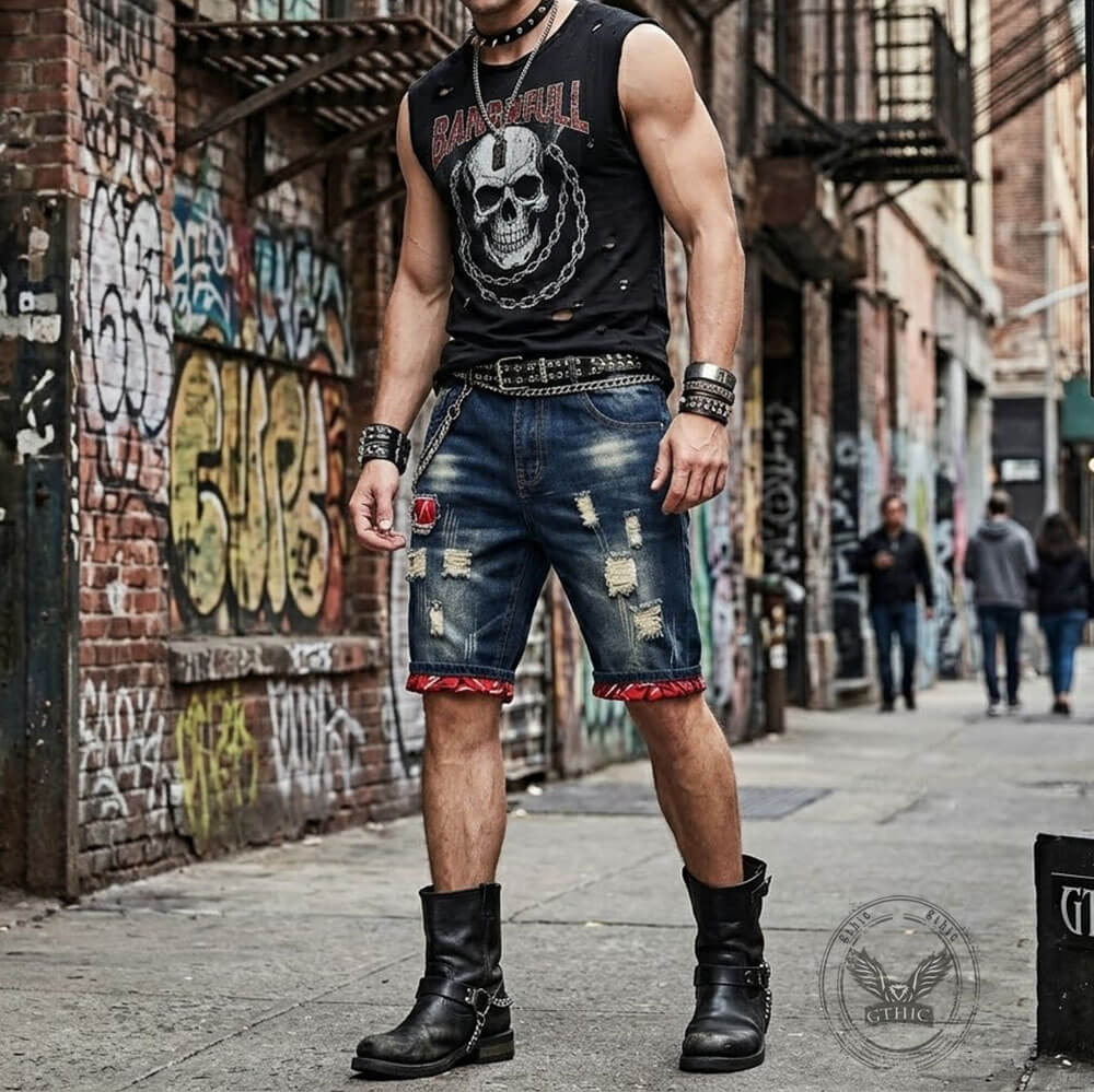 Punk Retro Color-Block Distressed Denim Shorts | Gthic.com