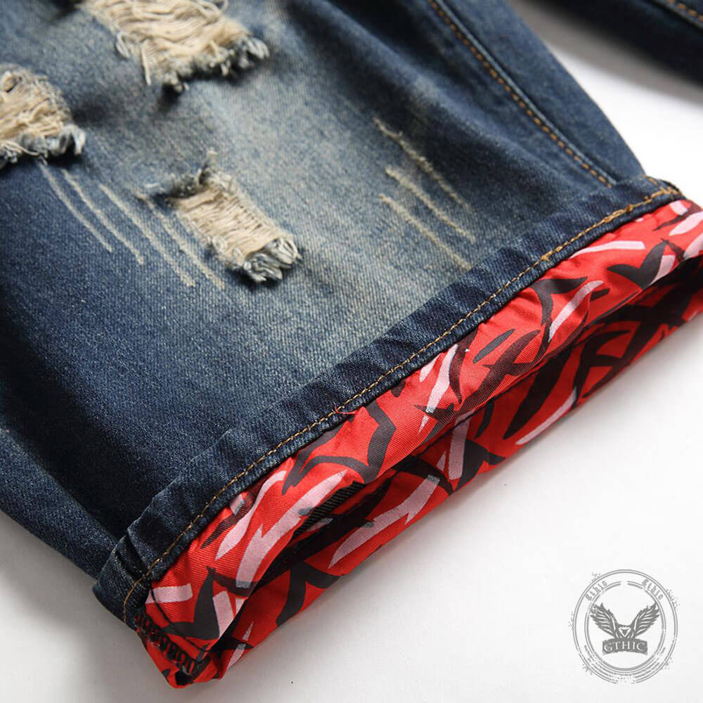 Punk Retro Color-Block Distressed Denim Shorts