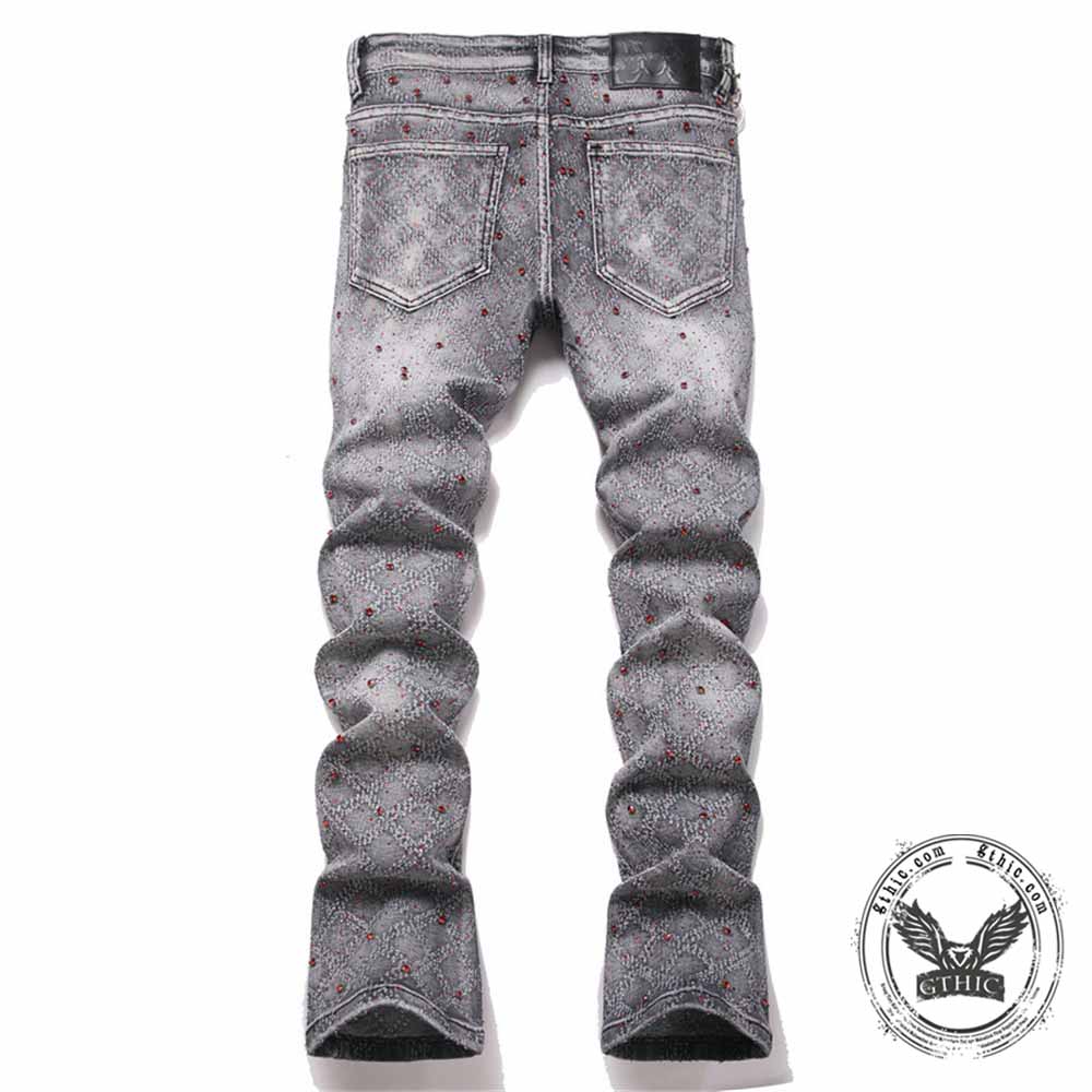 Punk Rhinestone Studded Flare Cotton Denim Jeans