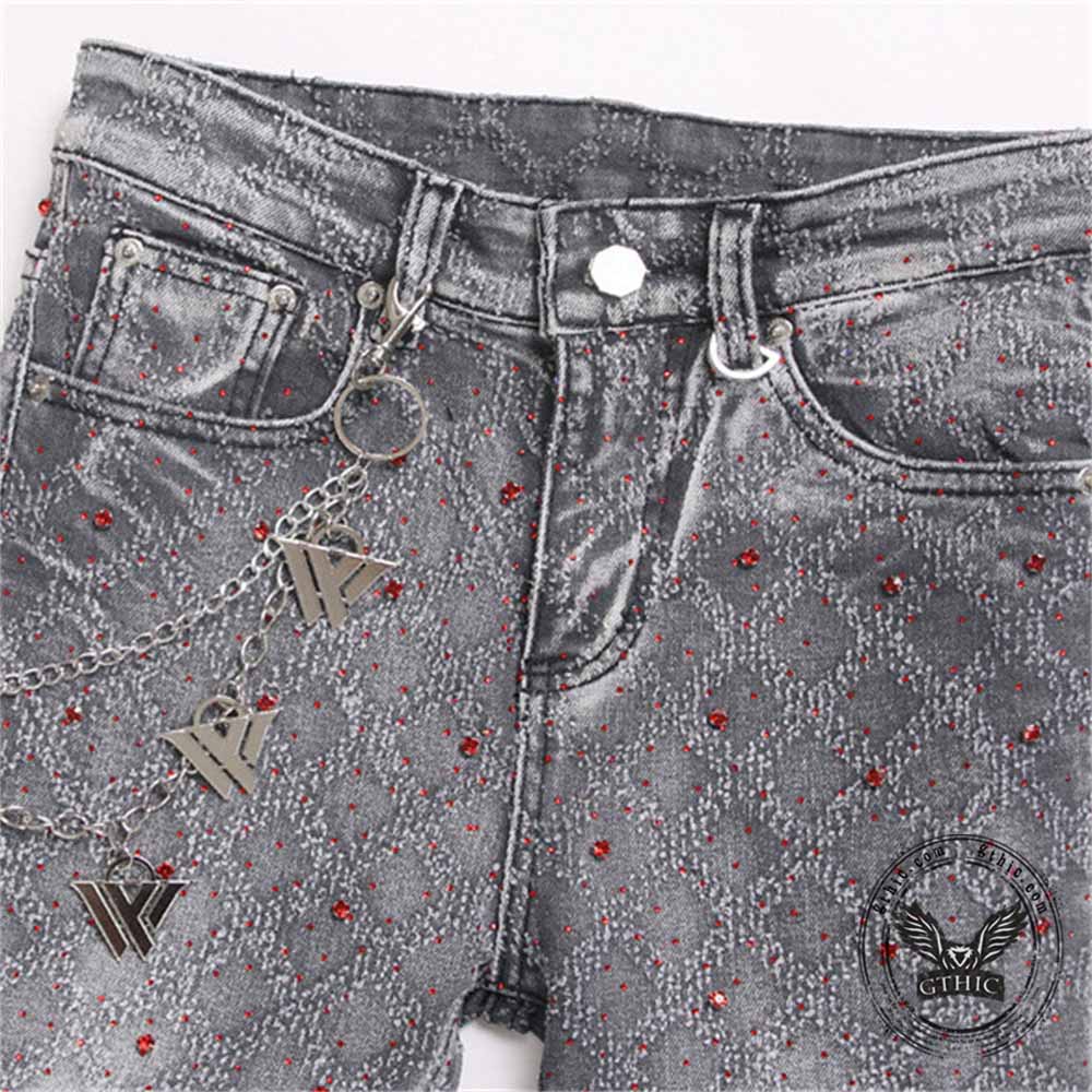 Punk Rhinestone Studded Flare Cotton Denim Jeans