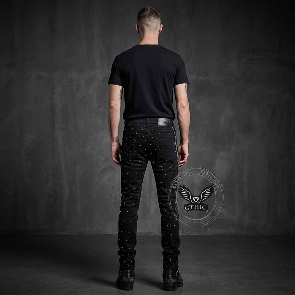 Punk Rhinestone Studded Flare Cotton Denim Jeans | Gthic.com