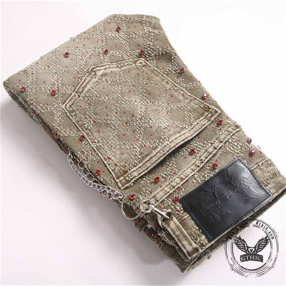 Punk Rhinestone Studded Flare Cotton Denim Jeans