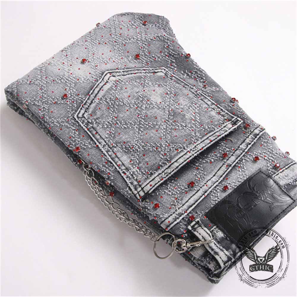 Punk Rhinestone Studded Flare Cotton Denim Jeans