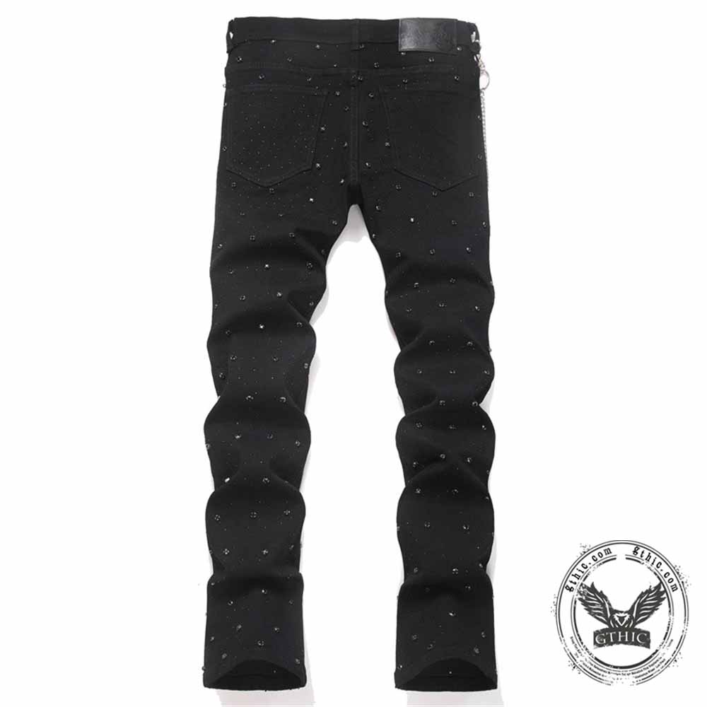 Punk Rhinestone Studded Flare Cotton Denim Jeans