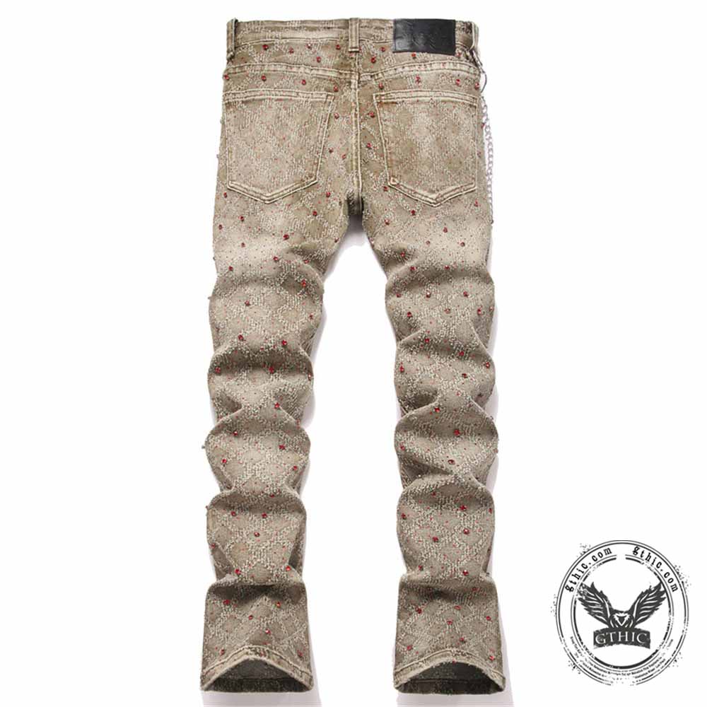 Punk Rhinestone Studded Flare Cotton Denim Jeans