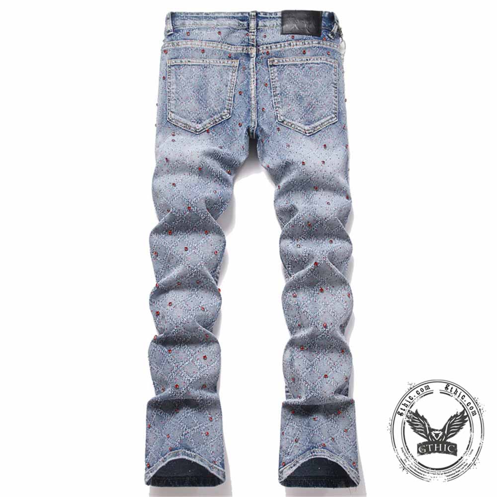 Punk Rhinestone Studded Flare Cotton Denim Jeans