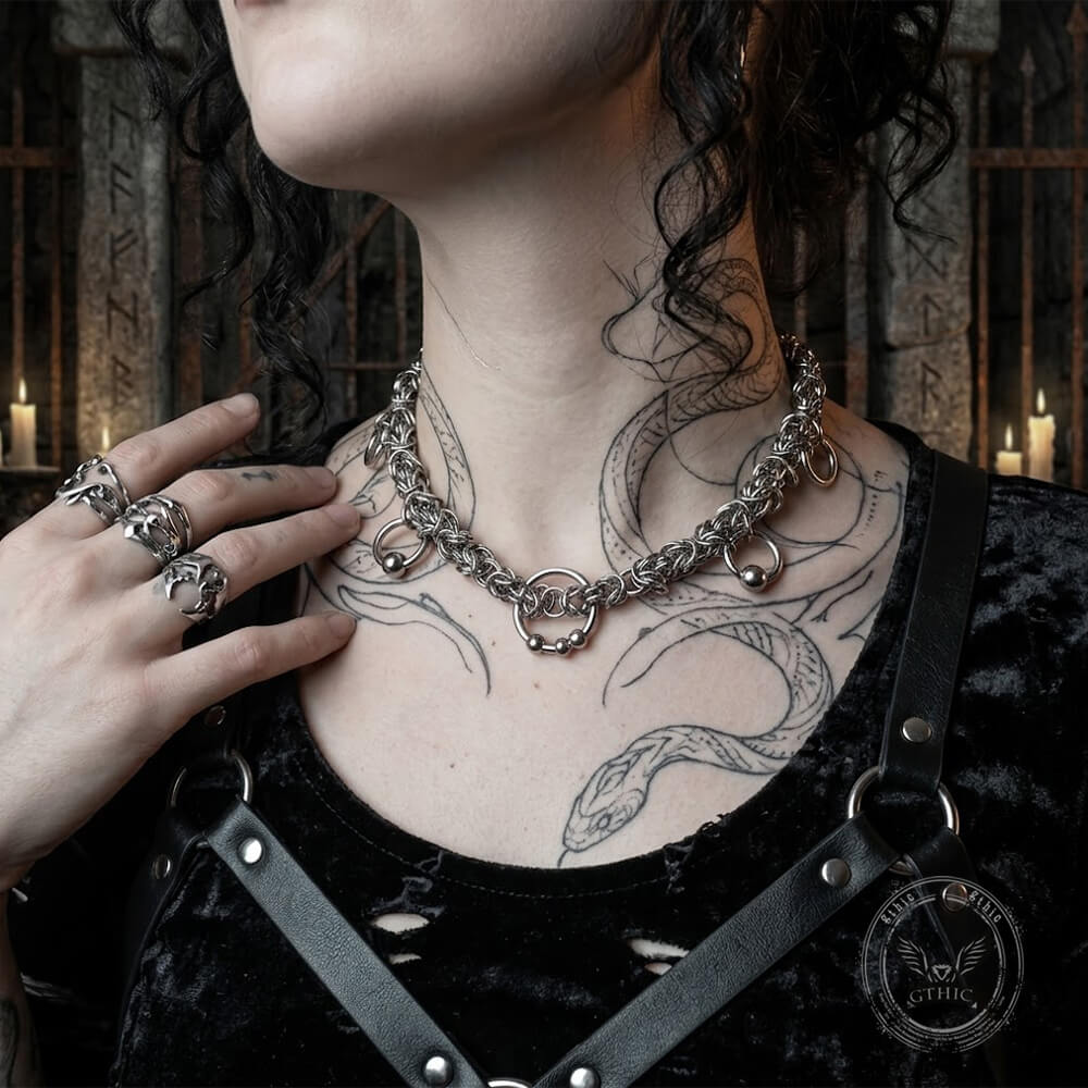 Punk Ring Woven Chain Stainless Steel Clavicle Necklace | Gthic.com