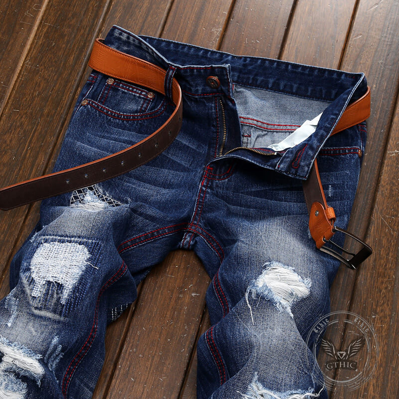 Punk Ripped Distressed Straight-Leg Vintage Jeans