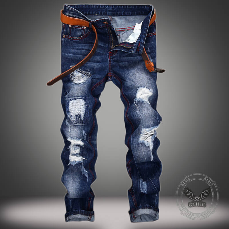 Punk Ripped Distressed Straight-Leg Vintage Jeans | Gthic.com