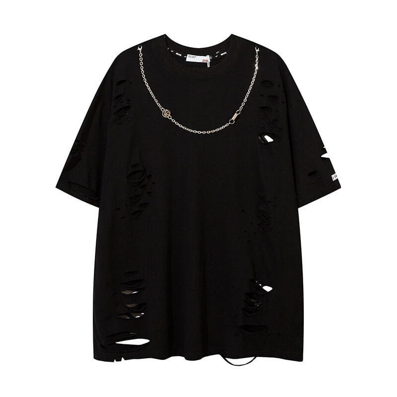 Punk Ripped Short Sleeve T-shirt With Chain