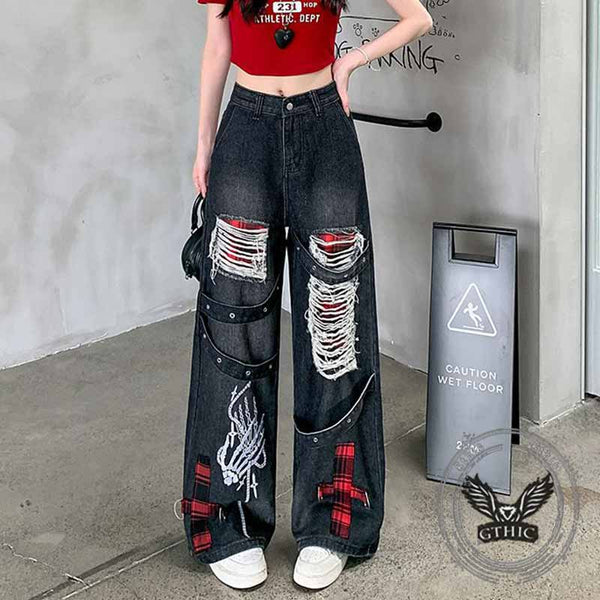 Punk Ripped Skull Hand Print Cross Patch Black Baggy Jeans – GTHIC
