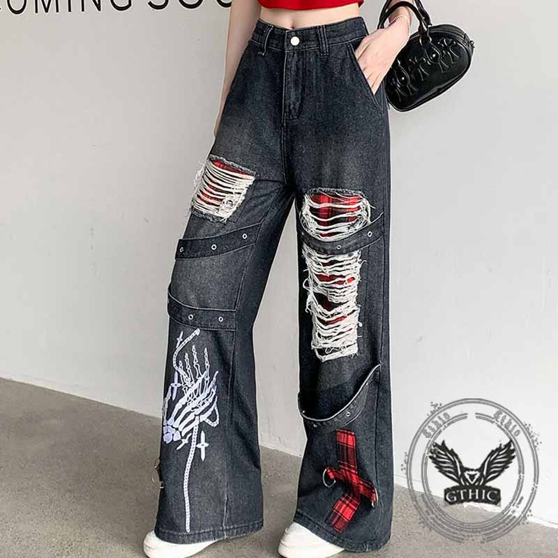 Punk Ripped Skull Hand Print Cross Patch Baggy Jeans 02 | Gthic.com