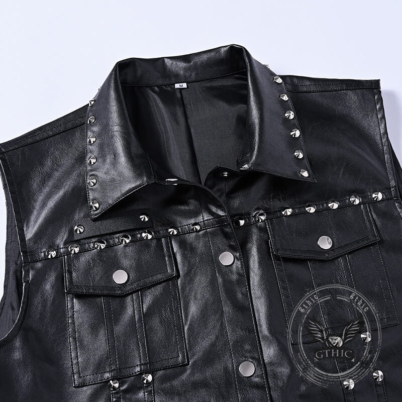 Punk Rivet Black Slim Lapel Sleeveless Vest | Gthic.com
