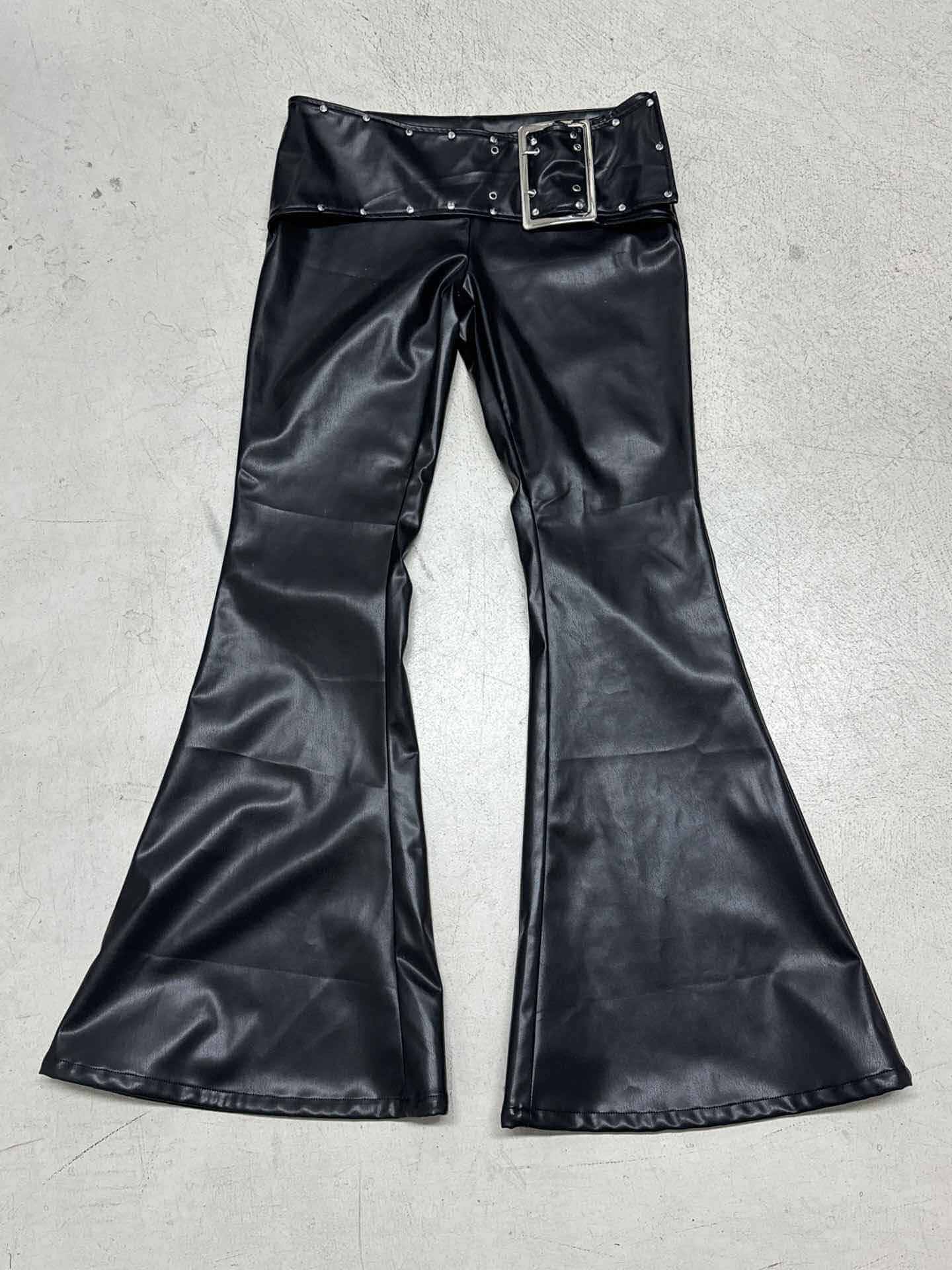 Punk Rivet Low-Waist PU Leather Bootcut Pants