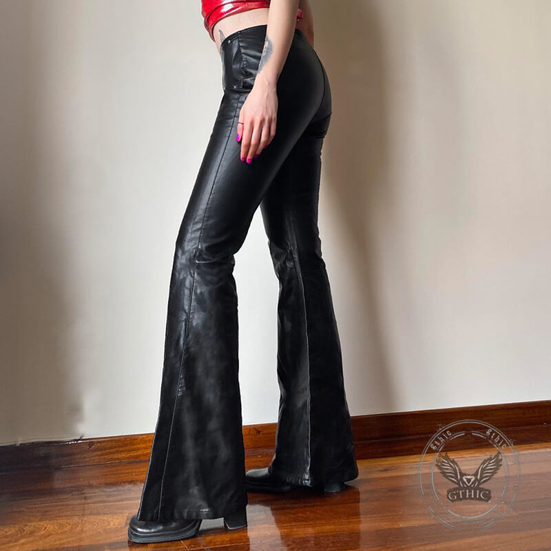 Punk Rivet Low-Waist PU Leather Bootcut Pants | Gthic.com