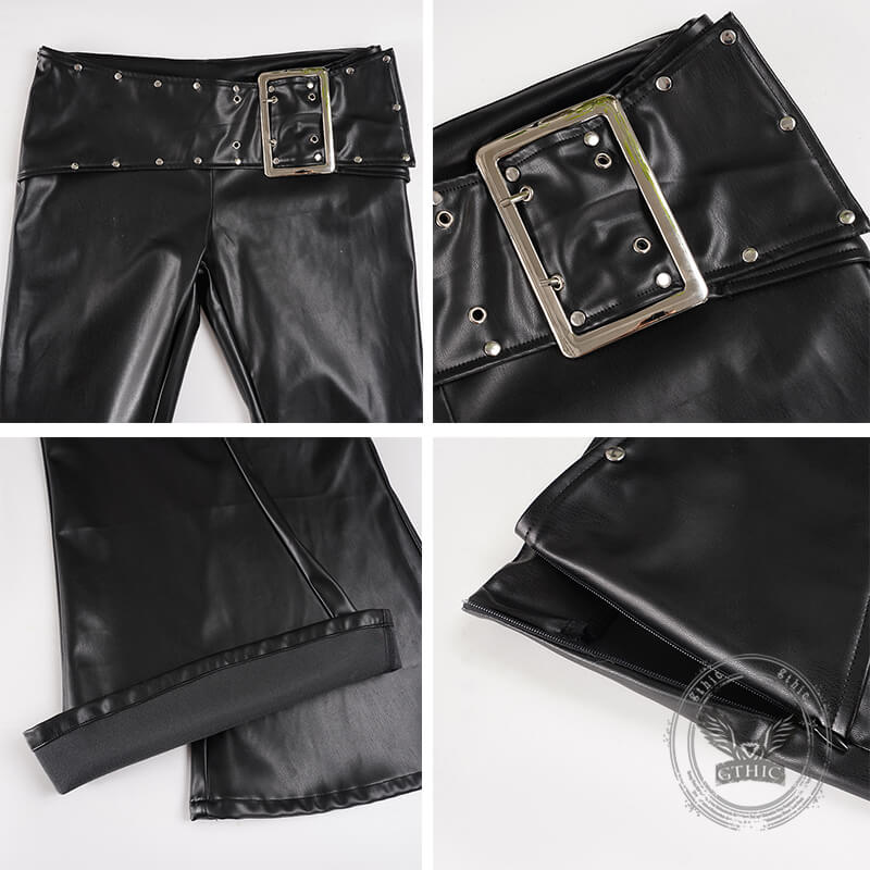 Punk Rivet Low-Waist PU Leather Bootcut Pants