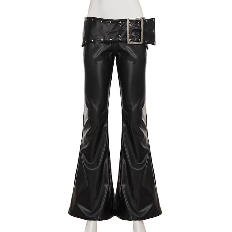 Punk Rivet Low-Waist PU Leather Bootcut Pants | Gthic.com