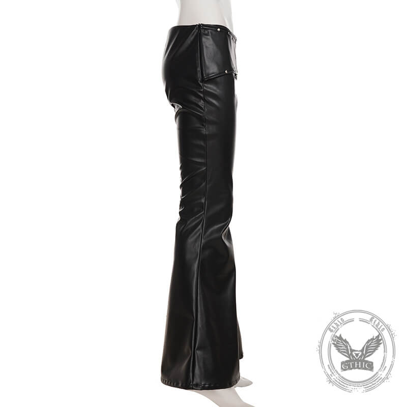 Punk Rivet Low-Waist PU Leather Bootcut Pants