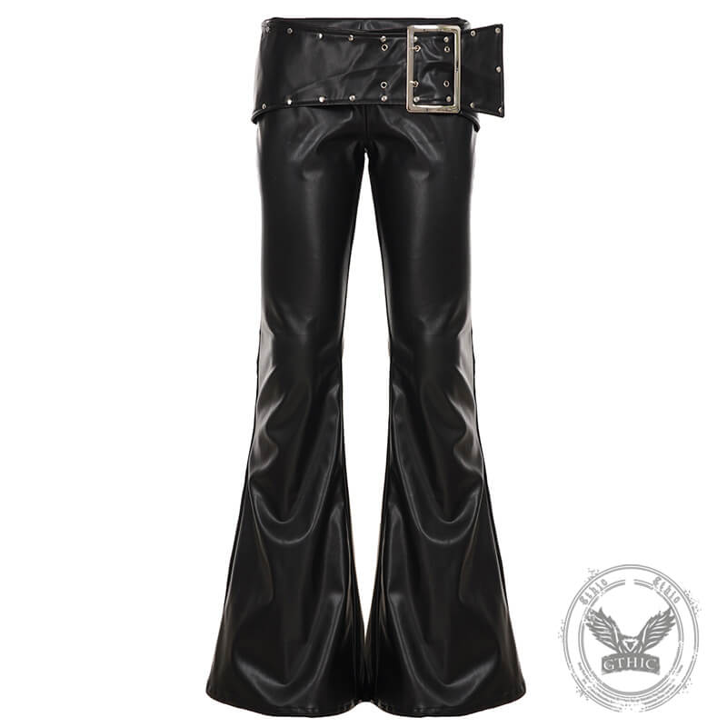 Punk Rivet Low-Waist PU Leather Bootcut Pants