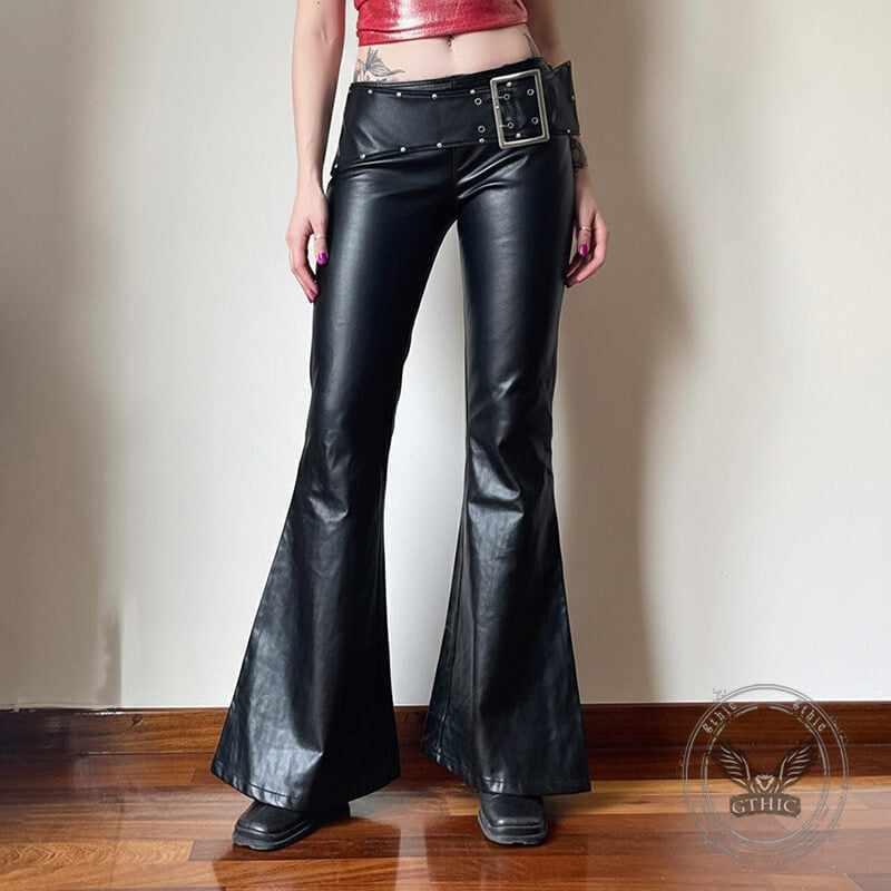 Punk Rivet Low-Waist PU Leather Bootcut Pants | Gthic.com