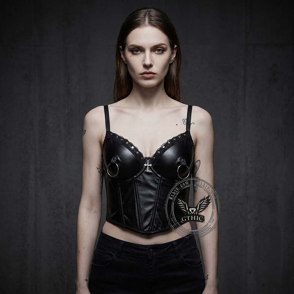 Punk Rivet Studded Slim Y2K PU Leather Camisole | Gthic.com