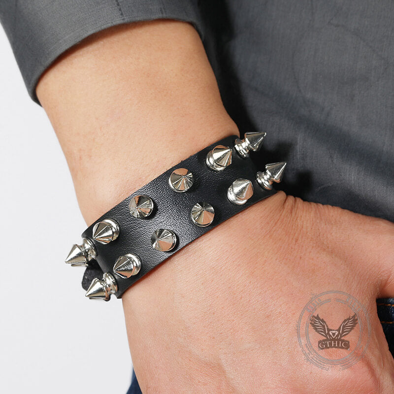 Punk Rock 2 Row Spiked Leather Bracelet | Gthic.com