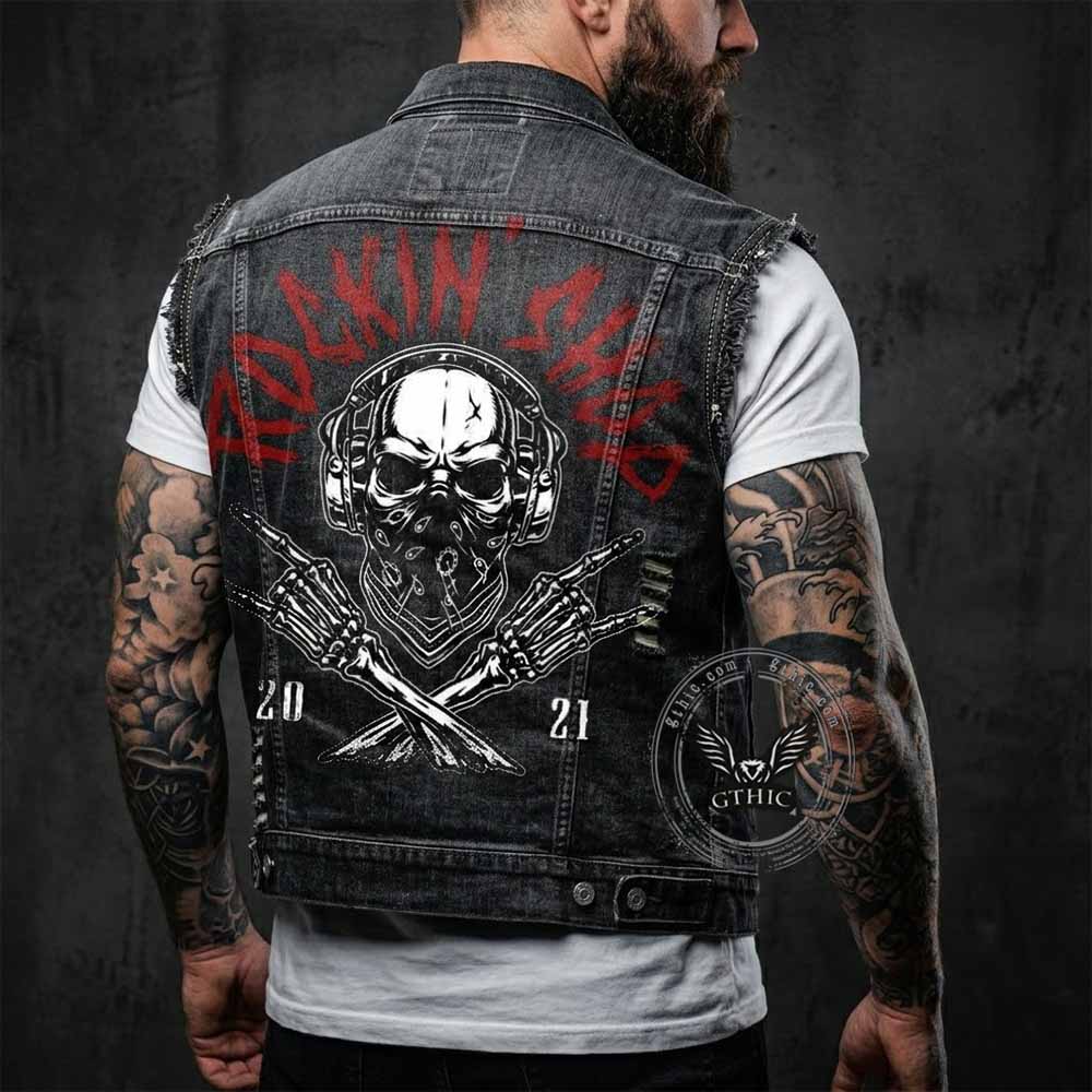 Punk Rock Mask Skull Distressed Biker Denim Vest | Gthic.com