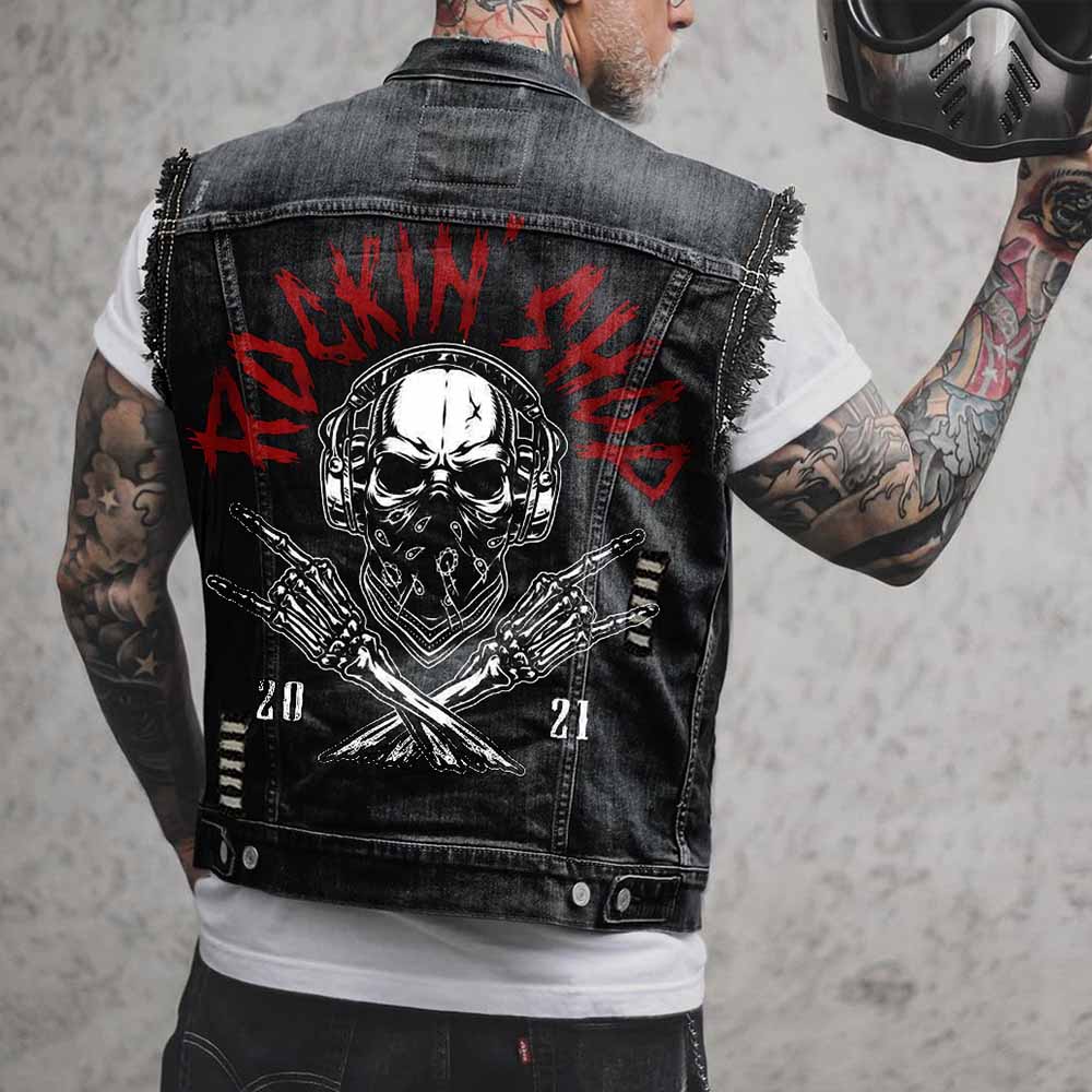Punk Rock Mask Skull Distressed Biker Denim Vest | Gthic.com