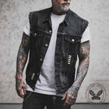 Punk Rock Mask Skull Distressed Biker Denim Vest