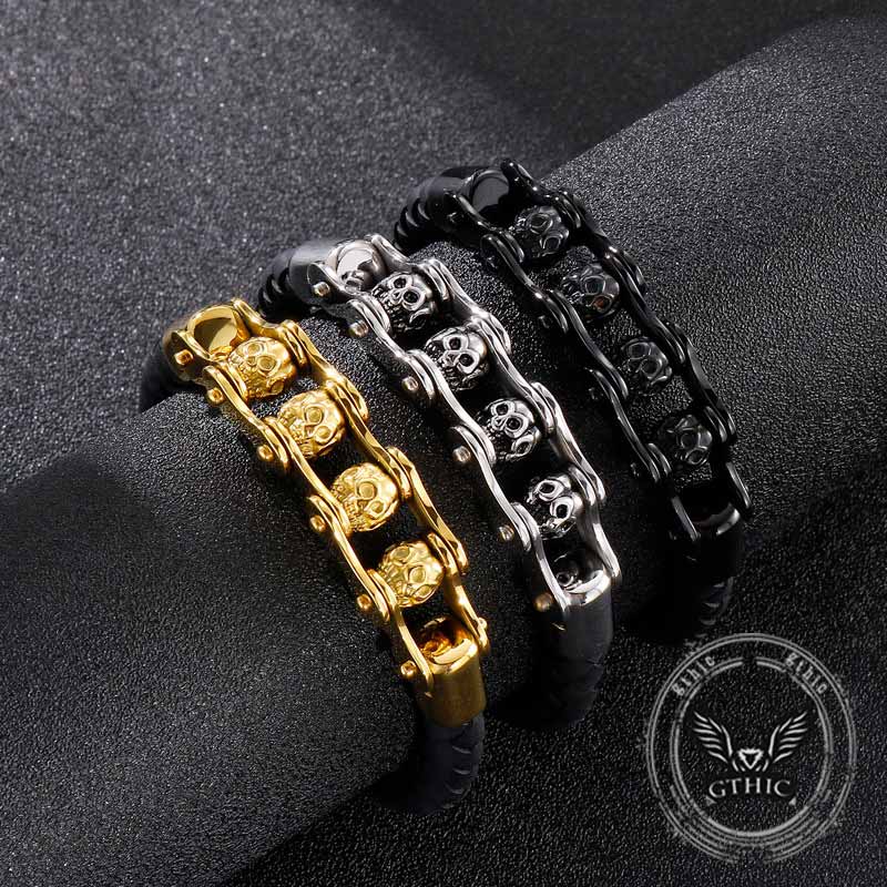 Punk Rotating Skull Stainless Steel Leather Bracelet 01 | Gthic.com