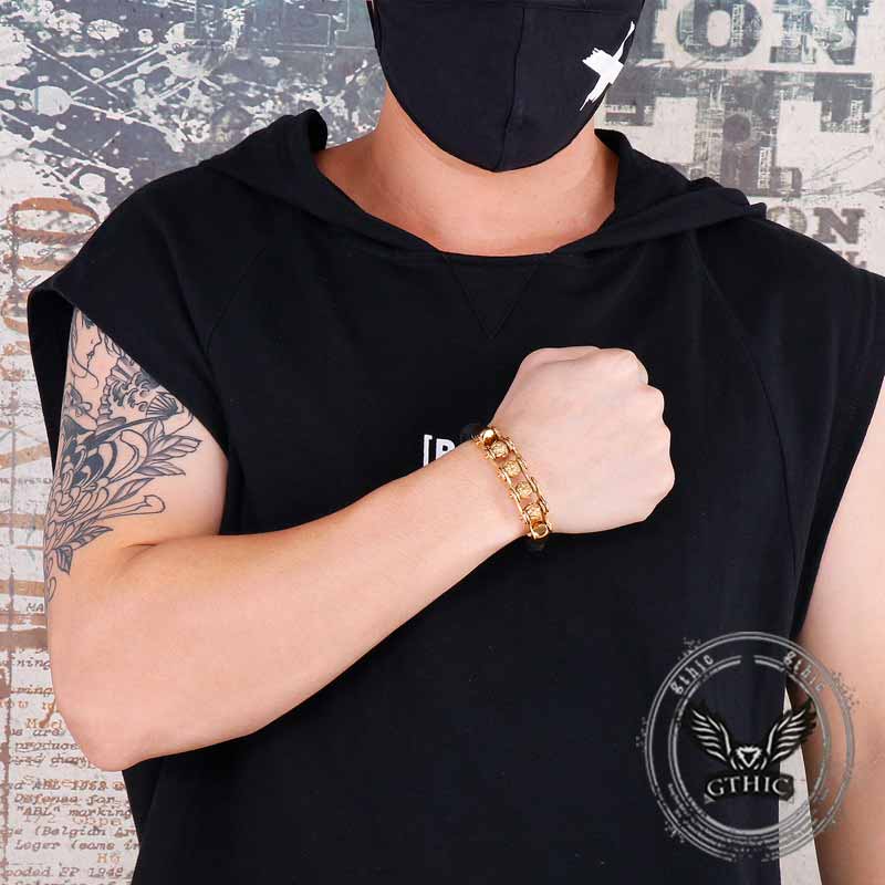 Punk Rotating Skull Stainless Steel Leather Bracelet 02 | Gthic.com