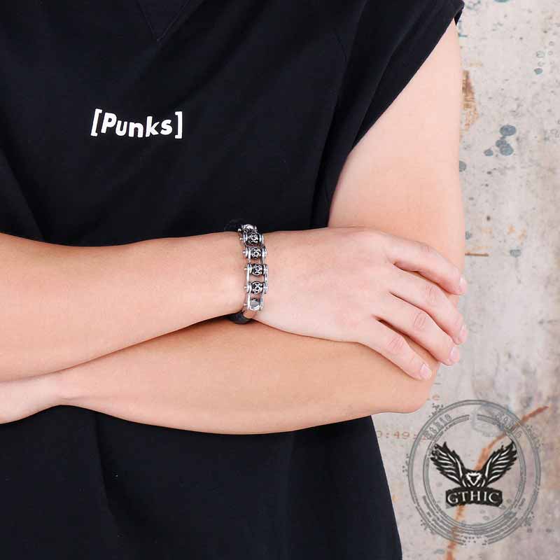 Punk Rotating Skull Stainless Steel Leather Bracelet 03 | Gthic.com