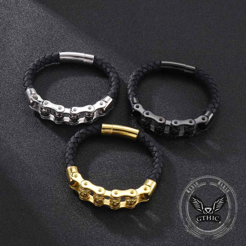 Punk Rotating Skull Stainless Steel Leather Bracelet