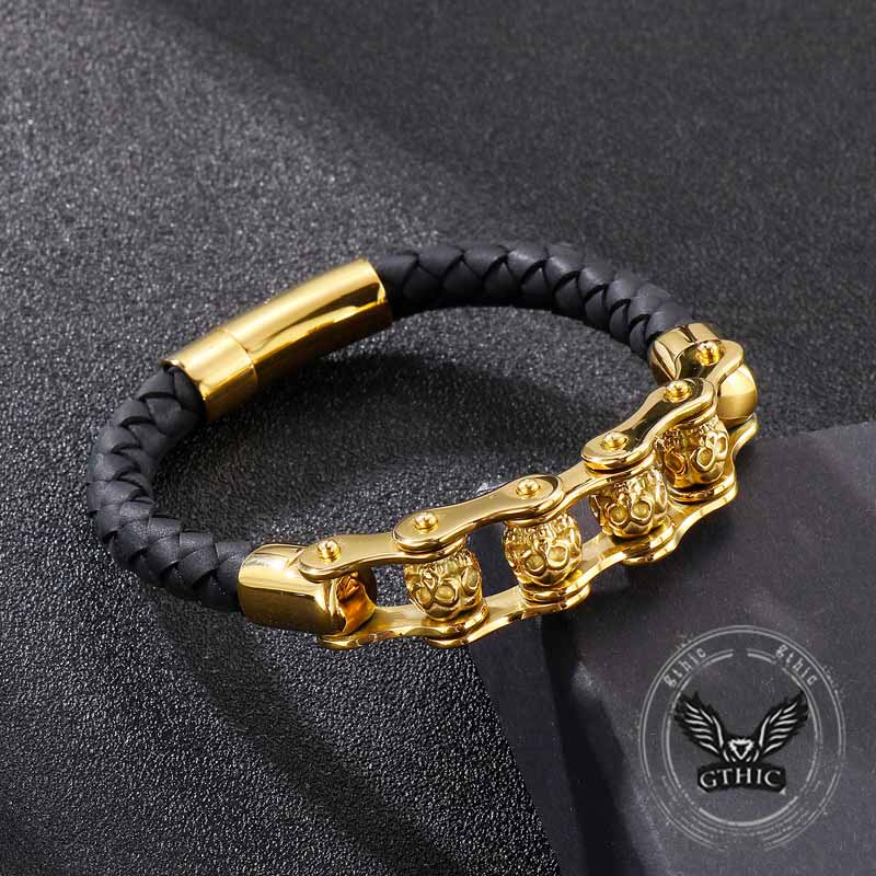 Punk Rotating Skull Stainless Steel Leather Bracelet