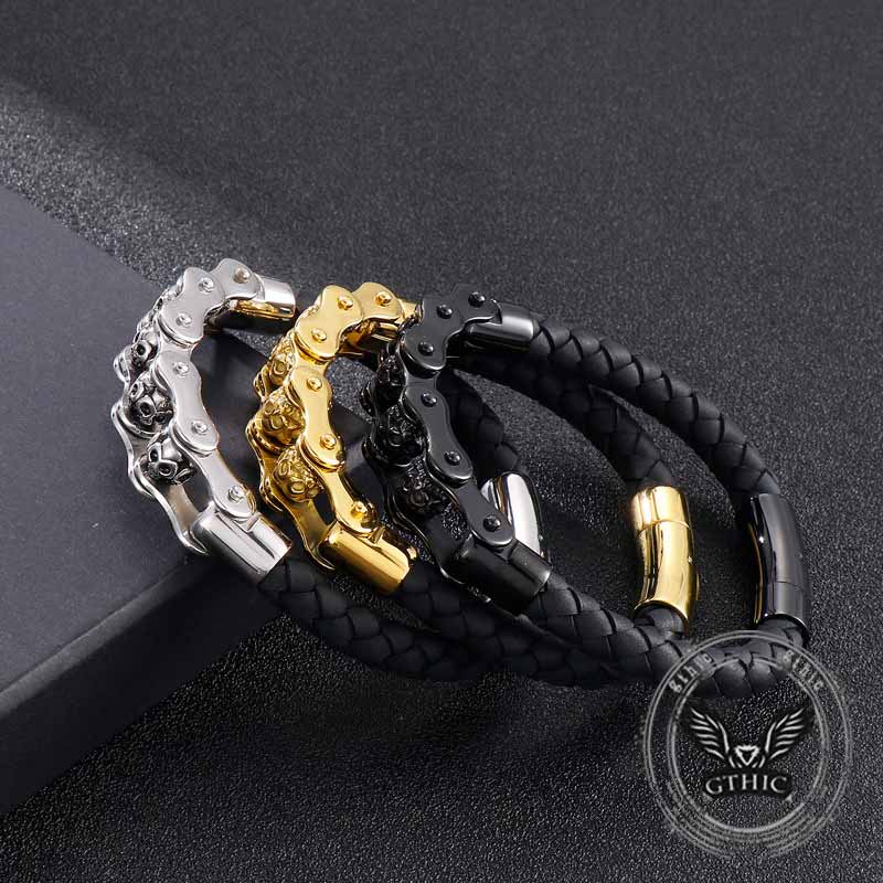Punk Rotating Skull Stainless Steel Leather Bracelet