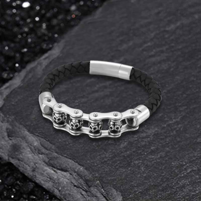 Punk Rotating Skull Stainless Steel Leather Bracelet