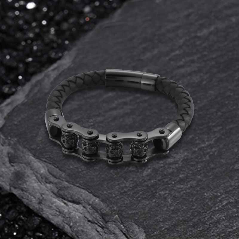 Punk Rotating Skull Stainless Steel Leather Bracelet