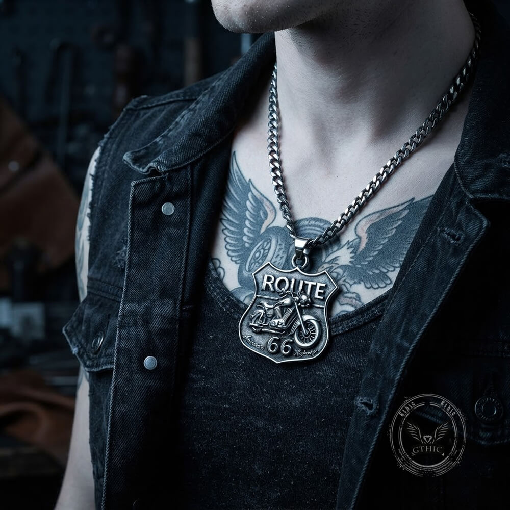 Punk Route 66 Motorcycle Stainless Steel Biker Pendant | Gthic.com