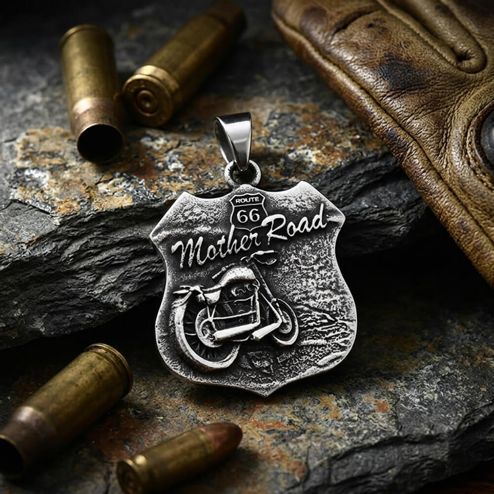 Punk Route 66 Motorcycle Stainless Steel Biker Pendant | Gthic.com