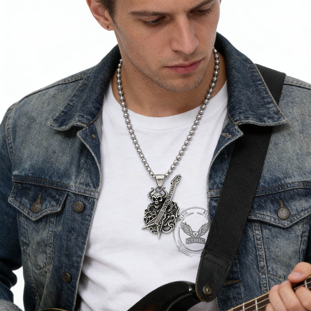Punk Satan Skull Guitar-Playing Stainless Steel Pendant | Gthic.com